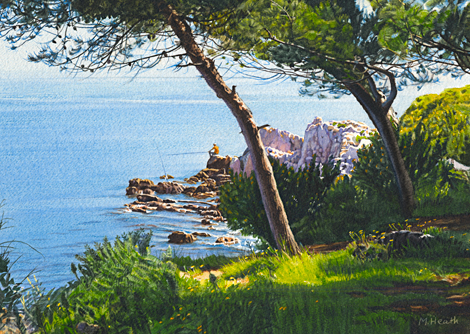 A watercolour painting of a man fishing off the rocks at Cap d'Antibes, France by Margaret Heath RSMA.